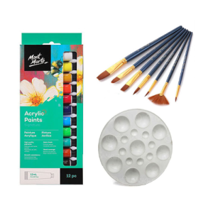 Acrylic Colors 12ml, 12 Shades/Colour Painting 7pcs Brush Set/Artist Color Mixing Palette 1pcs