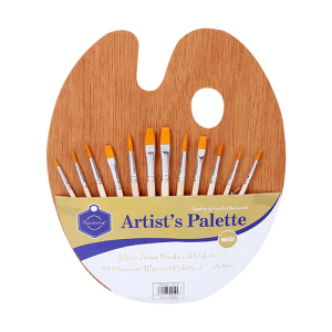 Artist`s Wood Palette 30x25cm with 12 Pcs Brushes Set